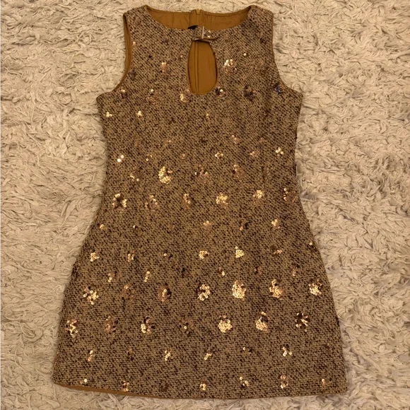 Brown Party Women's Mixed Tweed Fabric With Sequins Design mini Dress. - Picture 7 of 13